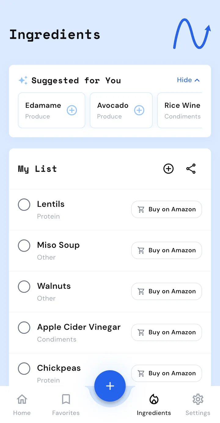 Amplifx smart grocery list with AI-suggested ingredients like edamame and avocado, and a personal list with categorized items