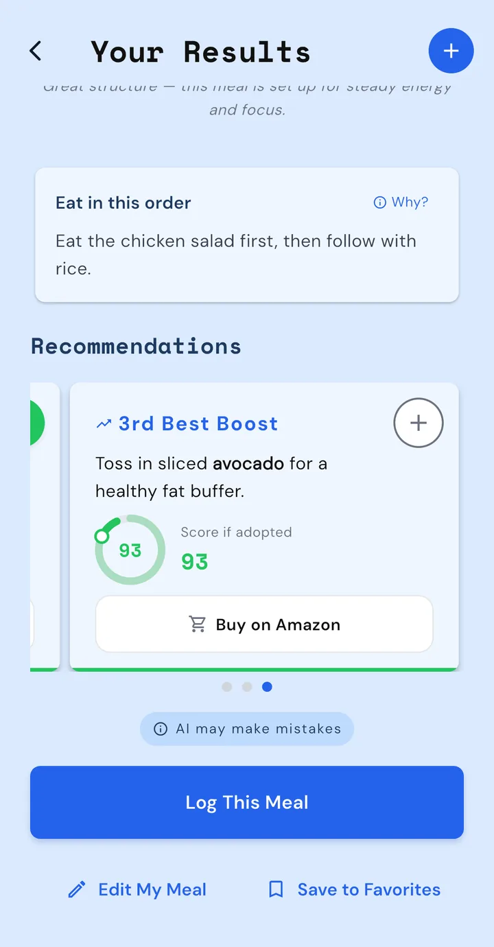 Amplifx recommendations carousel showing a suggested avocado addition with the projected score if adopted