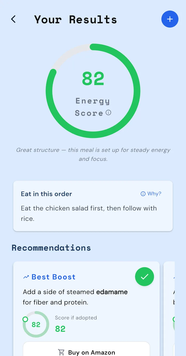 Amplifx results screen showing an Energy Score of 82 in a green ring, with the note 'Great structure — this meal is set up for steady energy and focus' and eating-order guidance