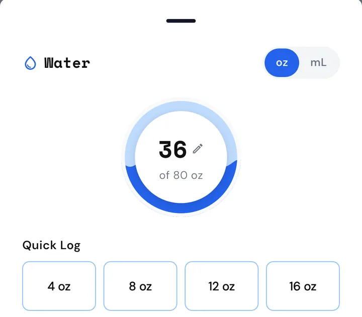 Amplifx water logging sheet with progress ring and quick-log buttons